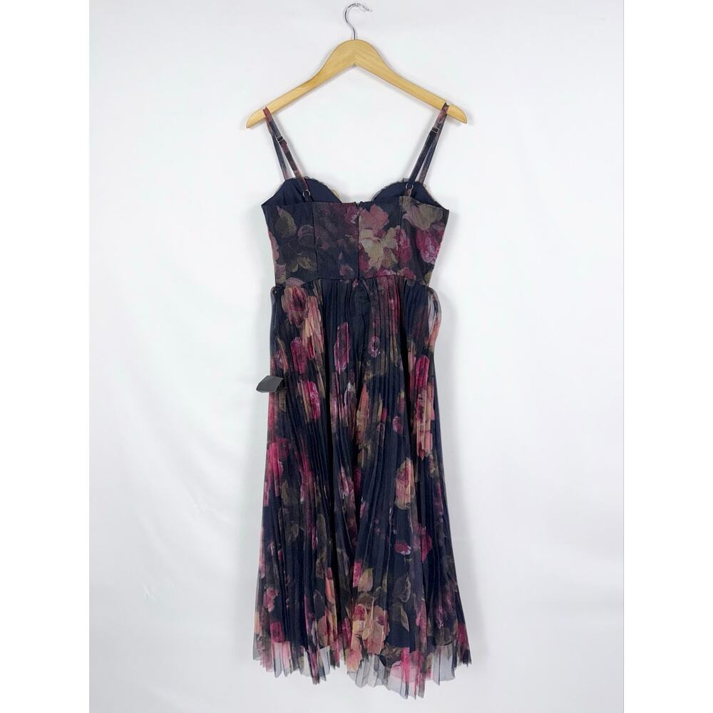Lulus Alluring Invite Floral Pleated Bustier Midi Dress Women's Medium Navy Blue - Picture 7 of 16